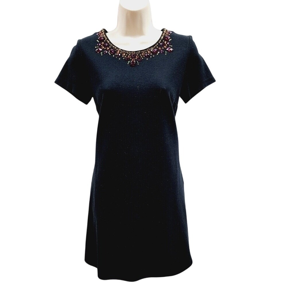 Kate Spade New York Black Embellished Jewel Neck Shift Dress Pockets Size 2